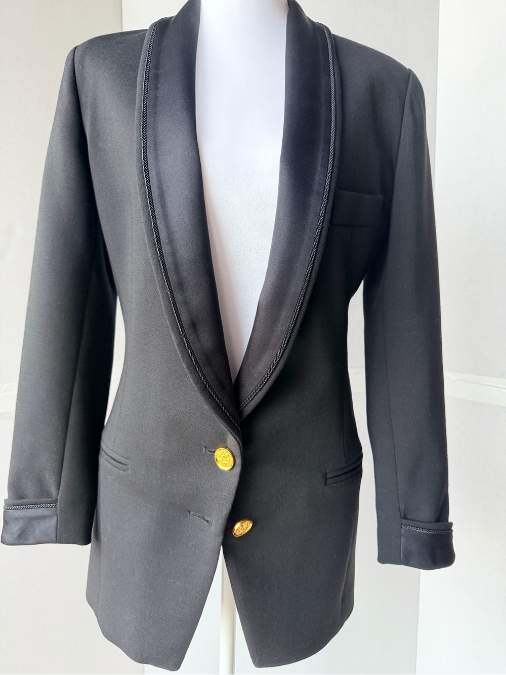 Smythe Black Satin Shawl Lapel Blazer with Gold Buttons
